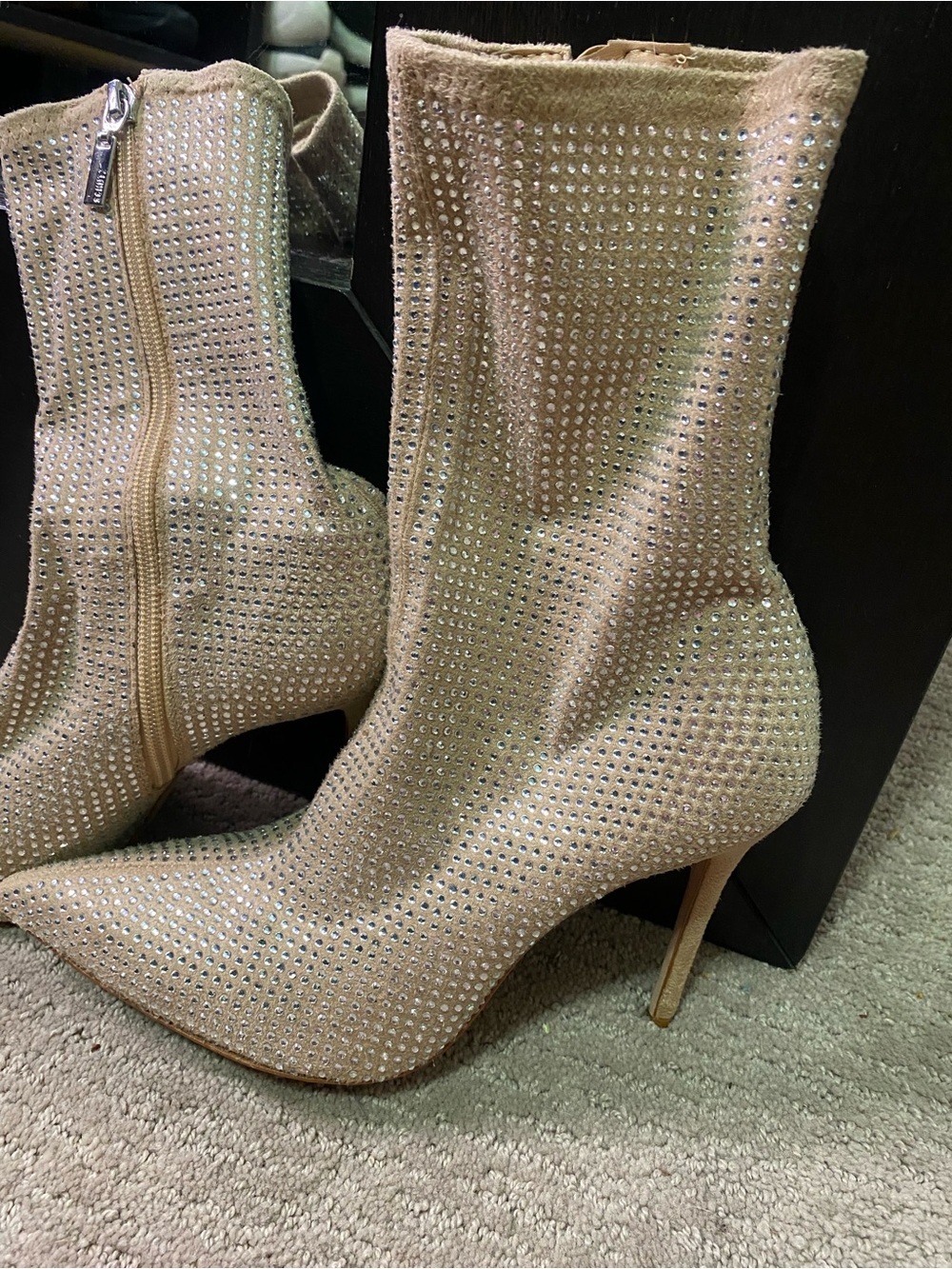 SCHUTZ Beige Crystal-Embellished Sock Booties